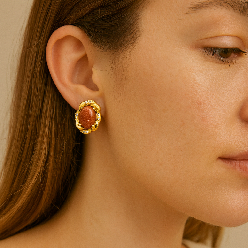 Gold Sunstone & Diamond Floral Stud Earrings – Vintage Inspired Oval Gemstone Earrings in 18K Gold Finish