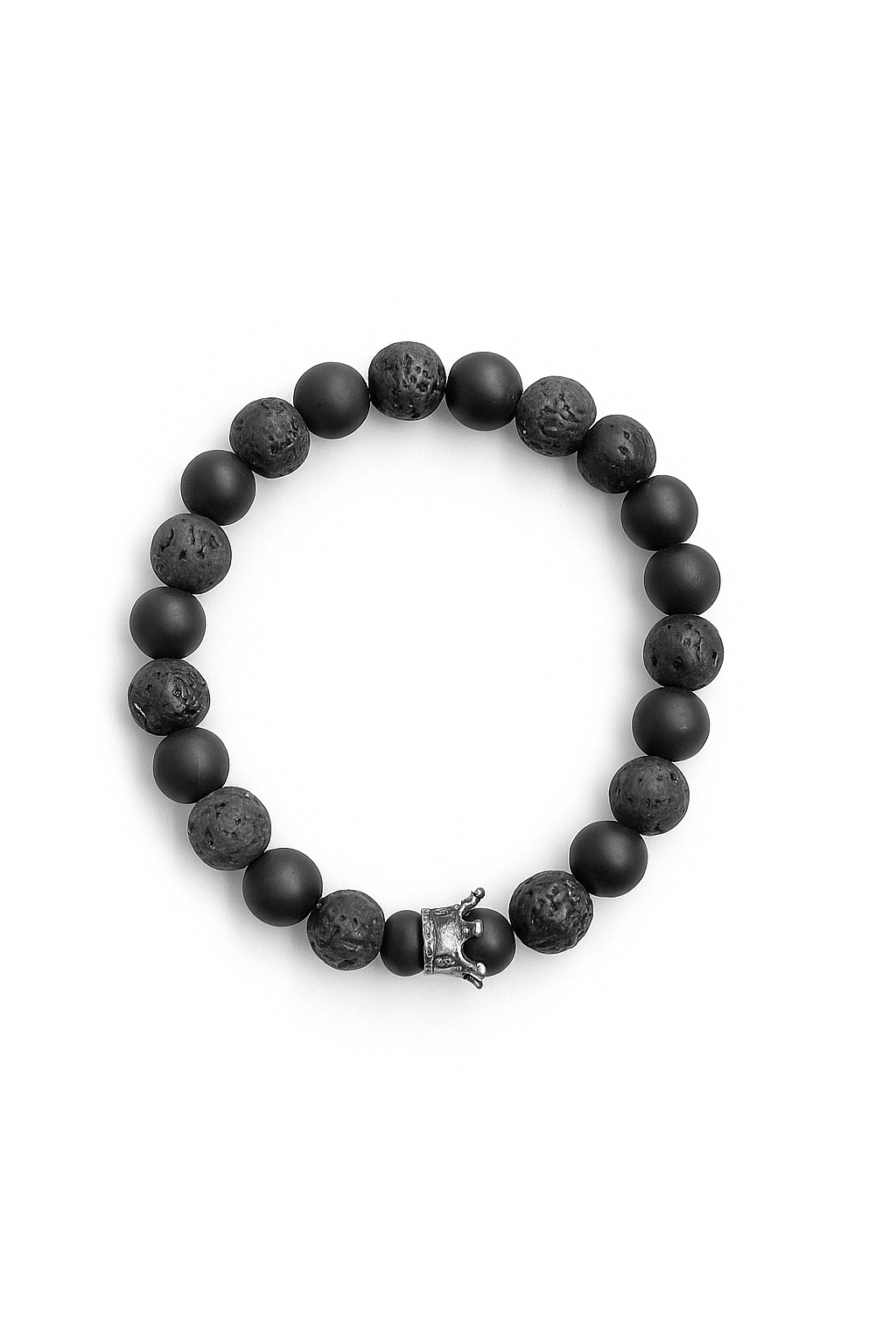 Black Lava Stone Beaded Bracelet – Matte Onyx with Crown Charm