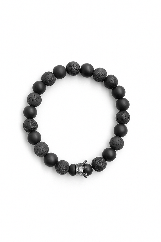 Black Lava Stone Beaded Bracelet – Matte Onyx with Crown Charm