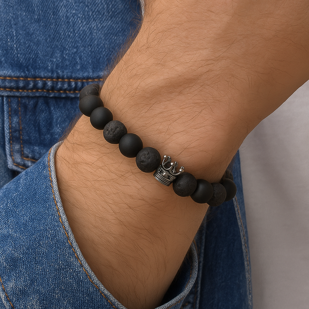 Black Lava Stone Beaded Bracelet – Matte Onyx with Crown Charm