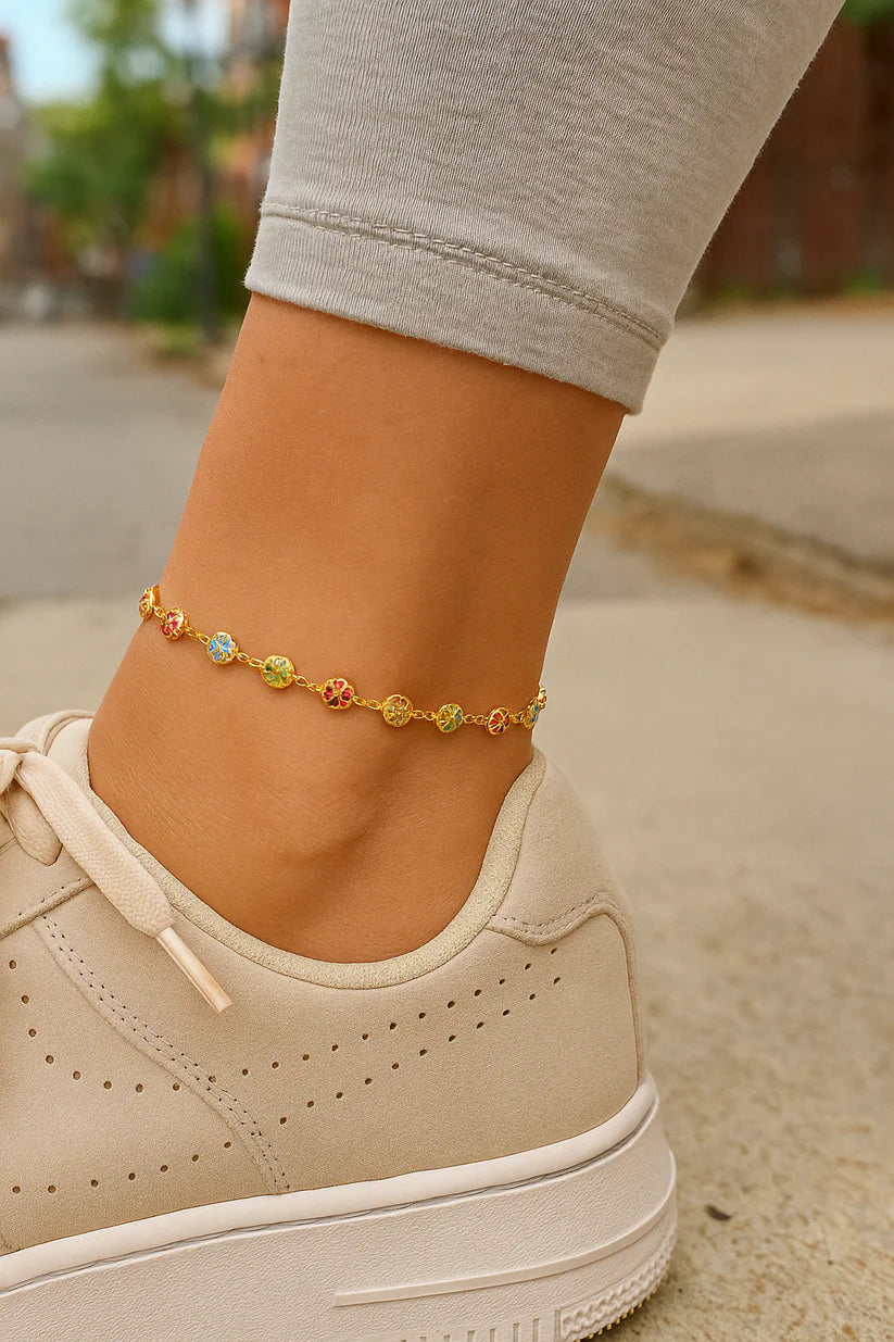 Summer Vibes Multicolor 18K Gold Filled Anklet – Colorful 10" Ankle Bracelet / 18 Unique Styles