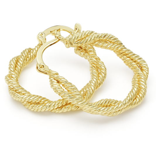 18K Gold Medium Hoop Earrings – Elegant Twist Design, Polished Golden Finish