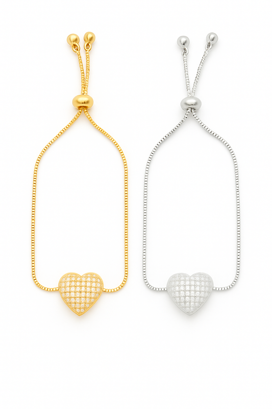 Micro Pavé Heart Adjustable Bracelet – Gold & Silver Tone Duo