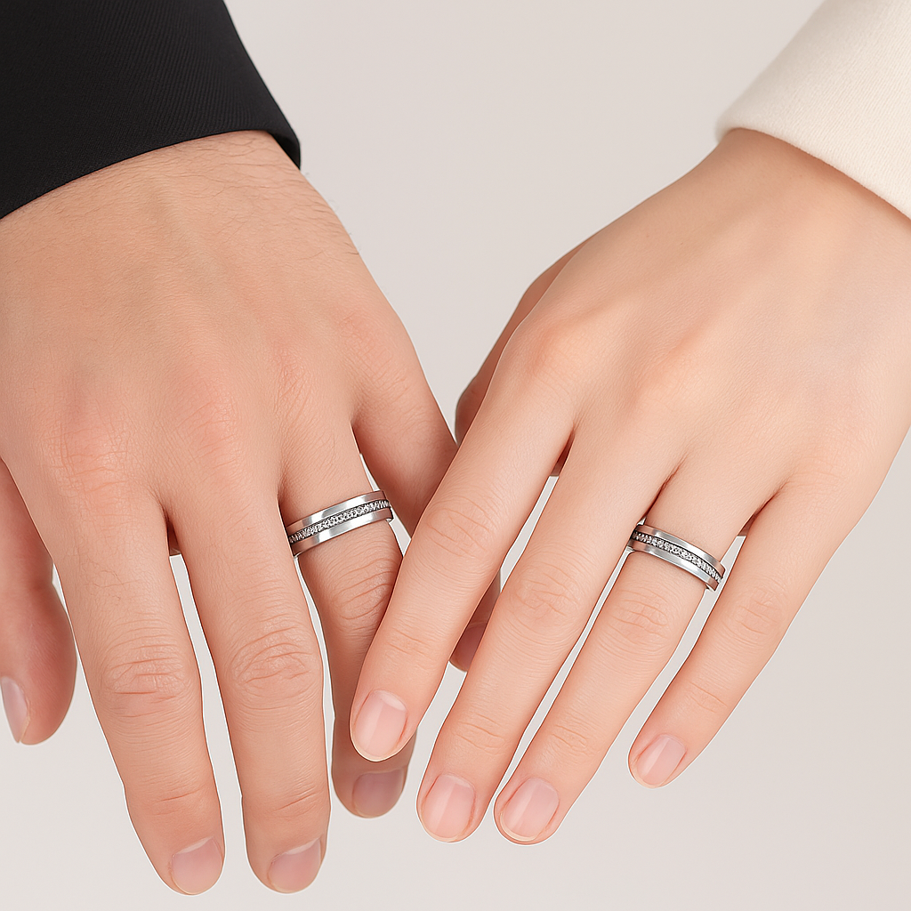 Crystal Inlay Couple Ring – Unisex Matching Band for Men & Women