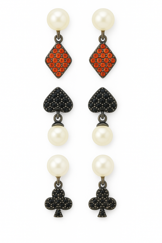 Pearl Drop Card Suit Earrings – Diamond, Spade & Club