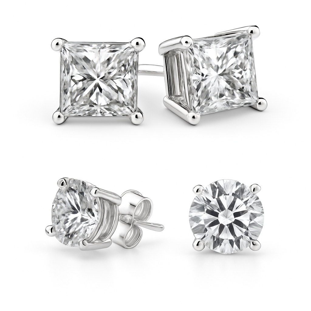 Round and Princess Stud Earring Set (2-Pair) 3 Options Silver, Gold, Rose