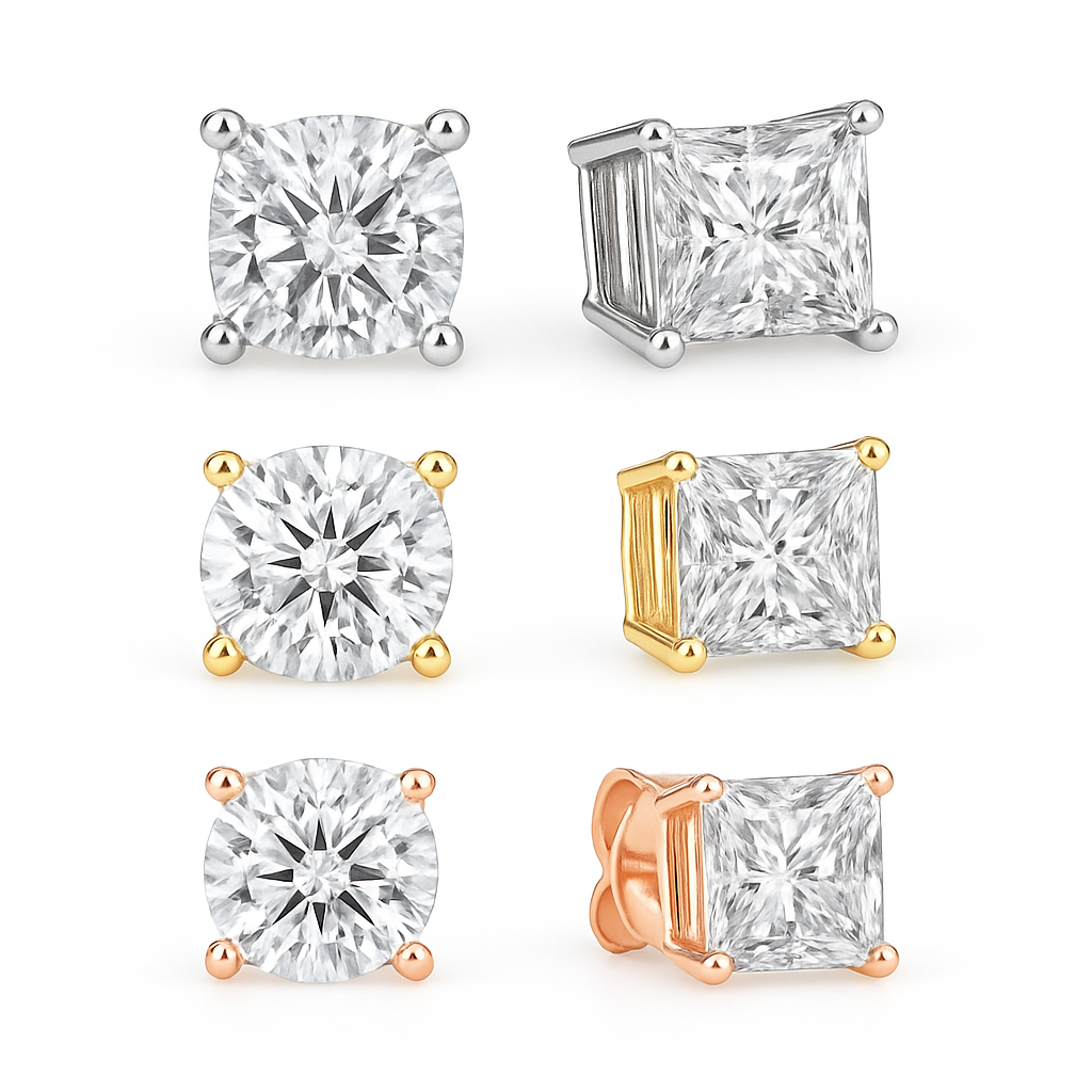 Round and Princess Stud Earring Set (2-Pair) 3 Options Silver, Gold, Rose