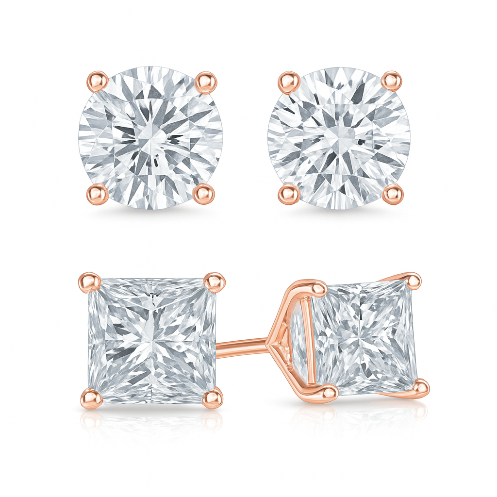Round and Princess Stud Earring Set (2-Pair) 3 Options Silver, Gold, Rose