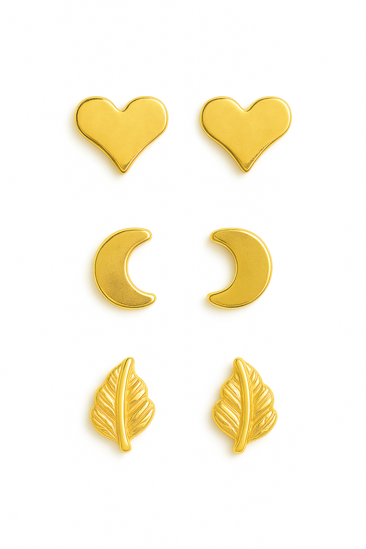 RMZ Elegant Gold Stud Earring Set – Heart, Moon & Leaf Designs