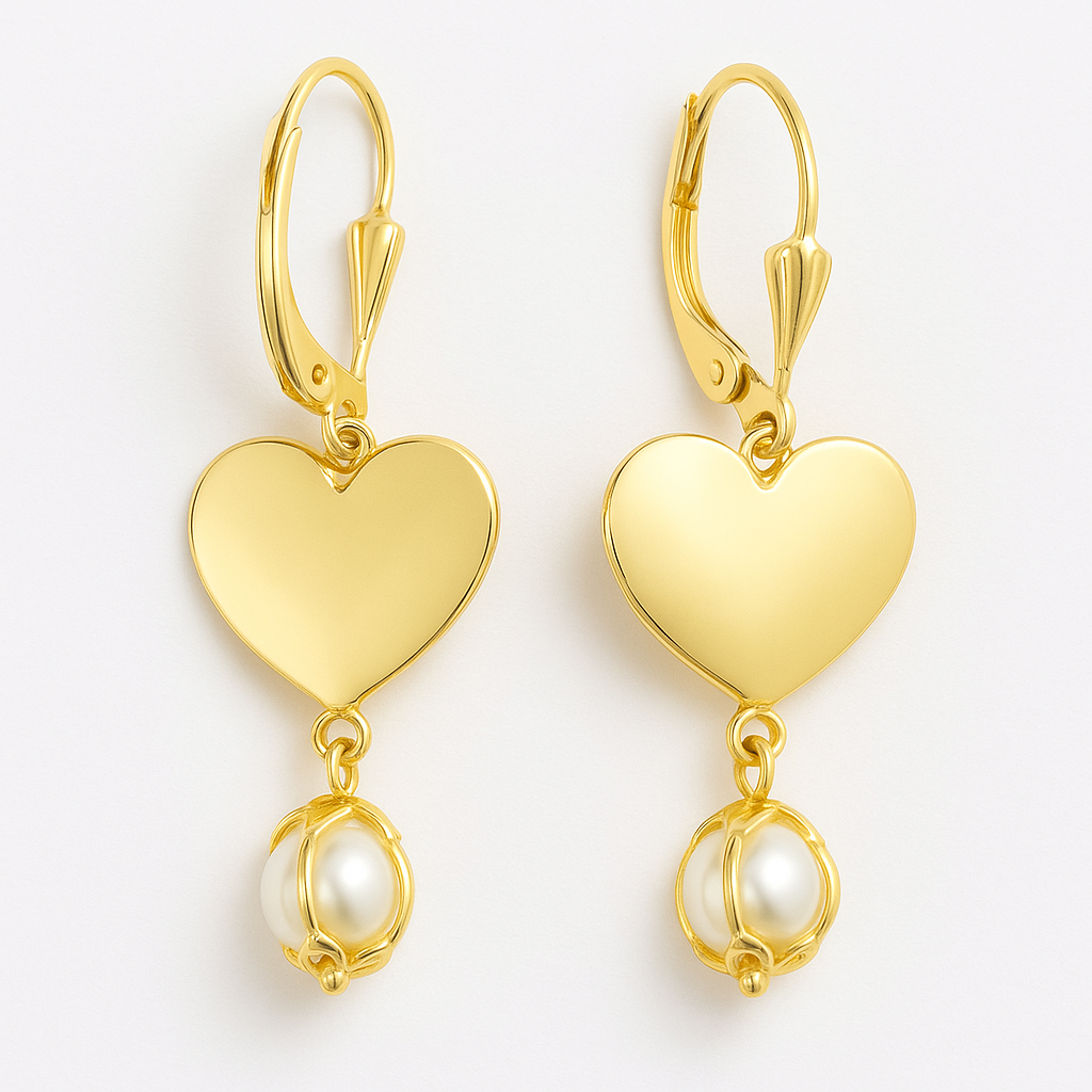 RMZ GOLD NYC Gold Heart & Pearl Drop Earrings – Romantic Elegance with Timeless Charm