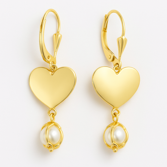 RMZ GOLD NYC Gold Heart & Pearl Drop Earrings – Romantic Elegance with Timeless Charm
