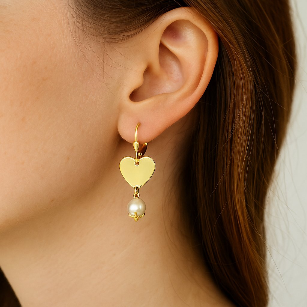 RMZ GOLD NYC Gold Heart & Pearl Drop Earrings – Romantic Elegance with Timeless Charm