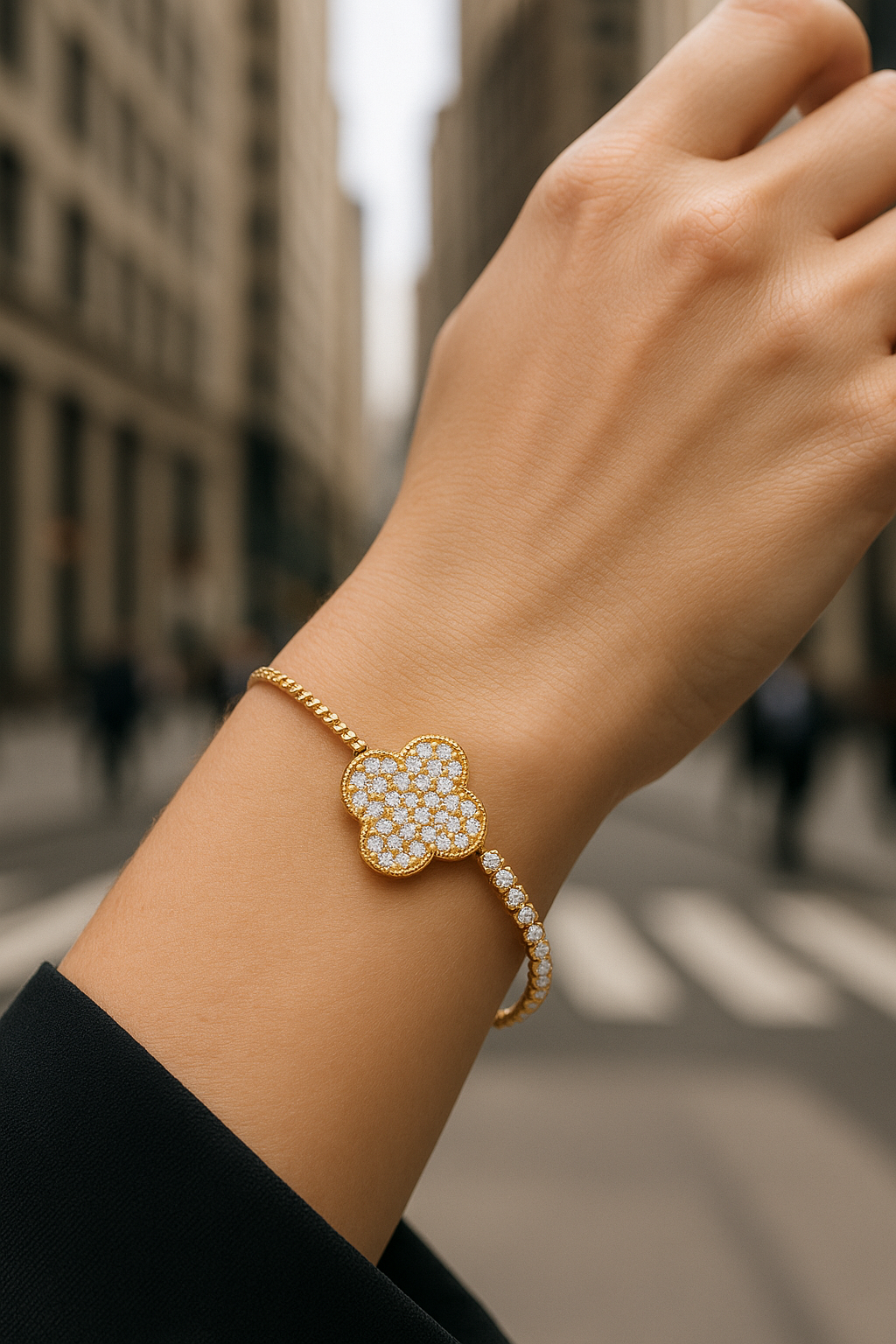 Pavé Clover Adjustable Bracelet  Gold & Silver Tone Duo