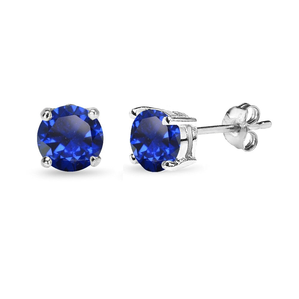 Created Blue Sapphire 6mm Round-Cut Solitaire Sterling Silver Stud Earrings