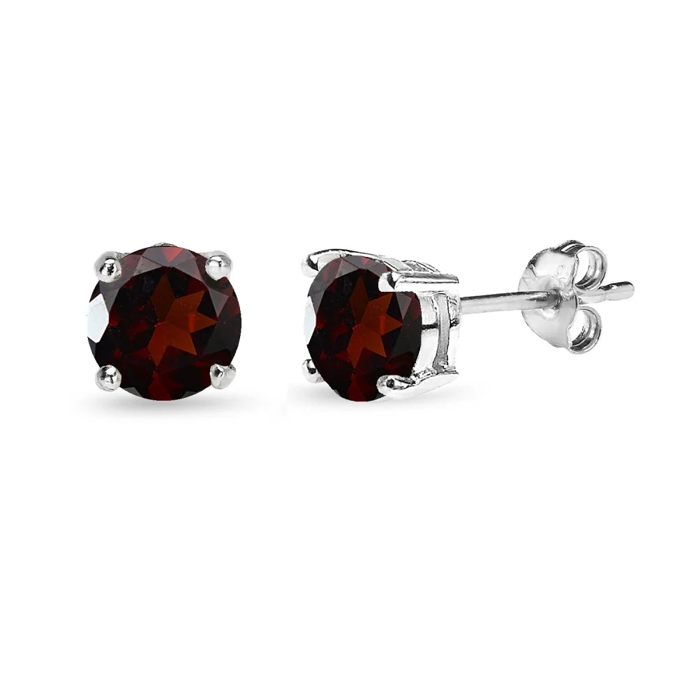 Garnet 6mm Round-Cut Solitaire Sterling Silver Stud Earrings