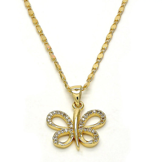 Gold Filled Fancy Necklace, Butterfly Design, with White Micro Pave, Polished Finish, Golden Tone