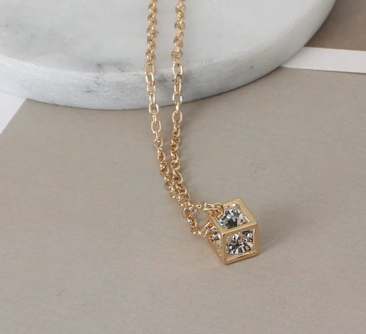 14K-Gold Love Cube Three-dimensional Diamond Shape Necklace Cz Pendant