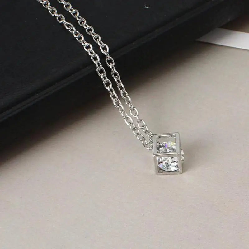 14K-Gold Love Cube Three-dimensional Diamond Shape Necklace Cz Pendant