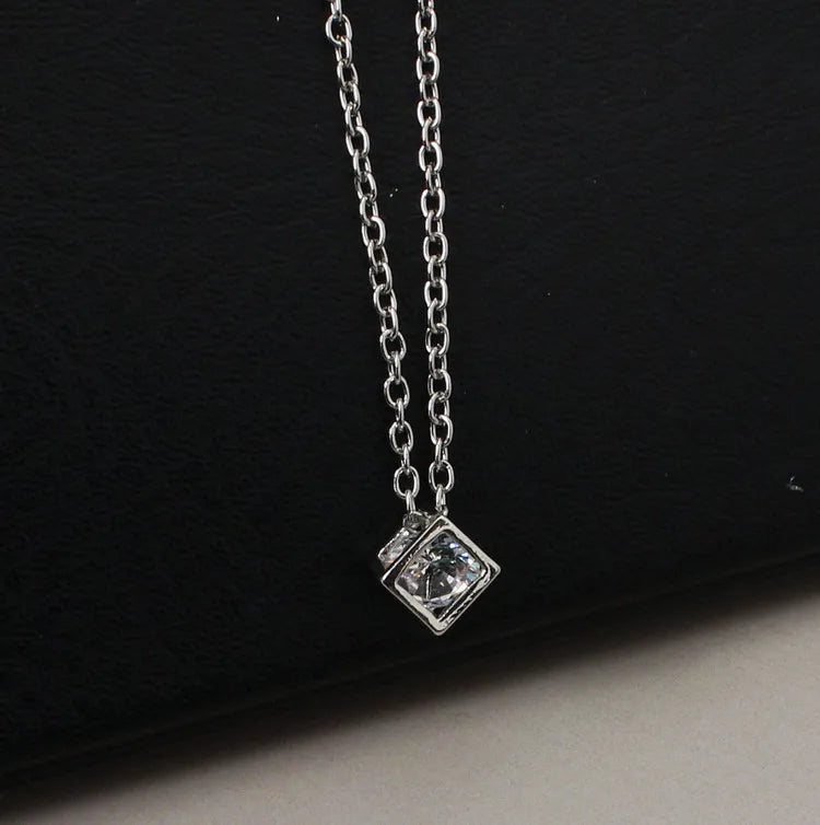 14K-Gold Love Cube Three-dimensional Diamond Shape Necklace Cz Pendant