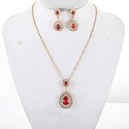 18k Gold Tear drop Red Earring Charm Chain Set