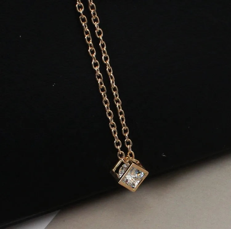 14K-Gold Love Cube Three-dimensional Diamond Shape Necklace Cz Pendant