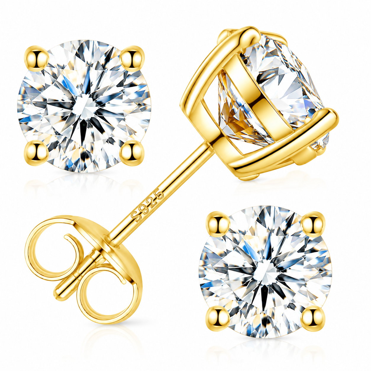 925 Yellow Sterling Silver Moissanite Stud Earrings (Copy)