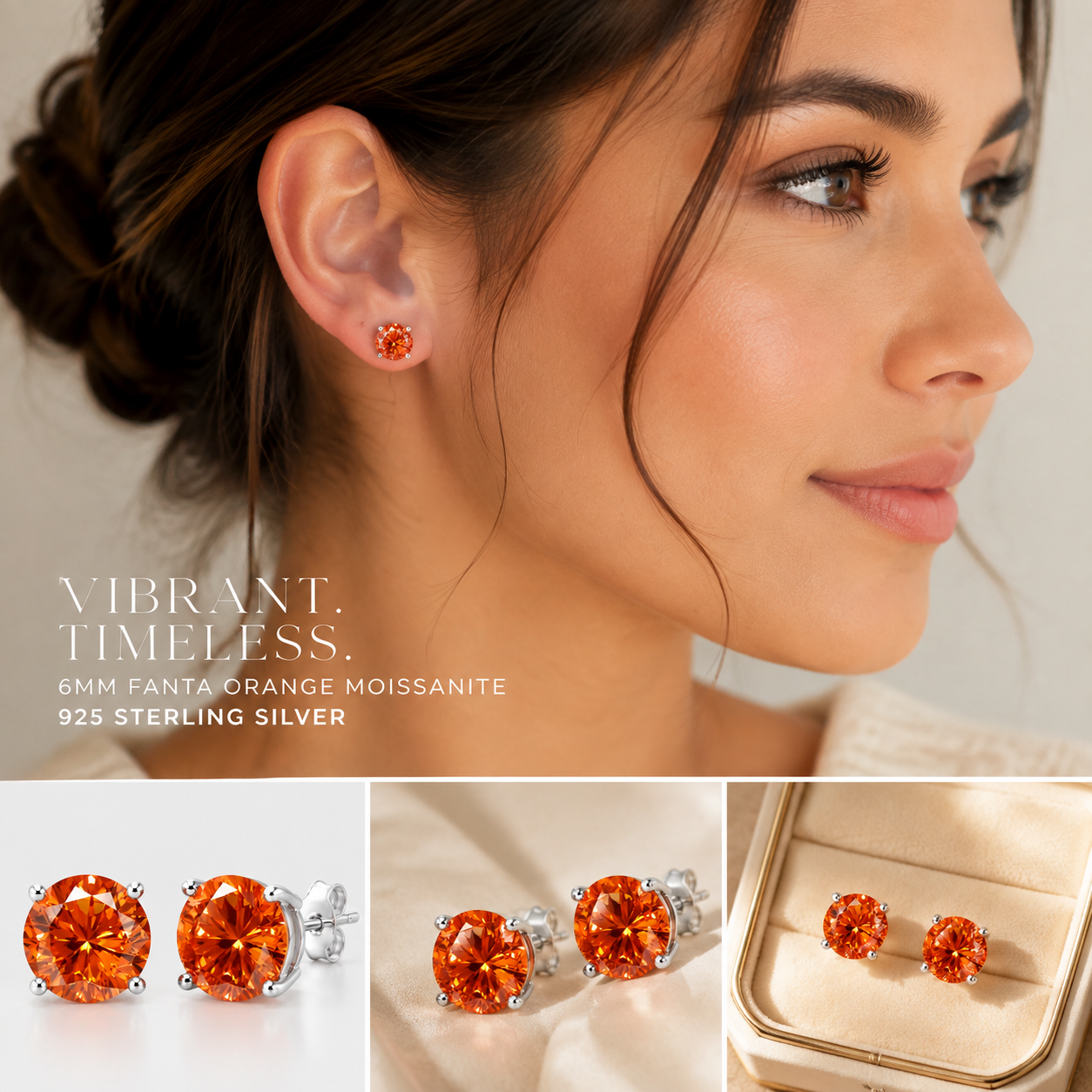 6mm Fanta Orange Moissanite Stud Earrings in 925 Sterling Silver
