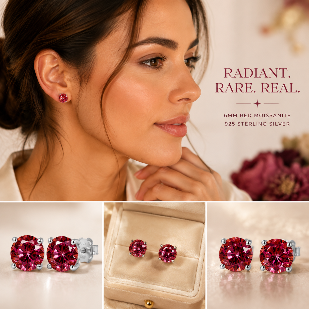 925 Sterling Silver Garnet Moissanite Stud Earrings