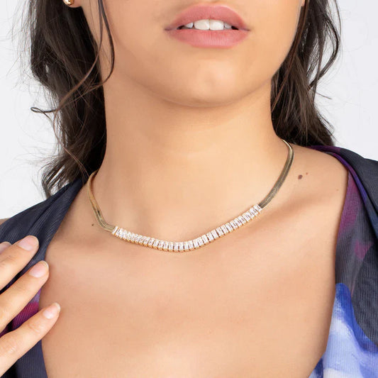 2-Pack Gold Jewelry Set – Baguette Herringbone Necklace & Stud Earrings
