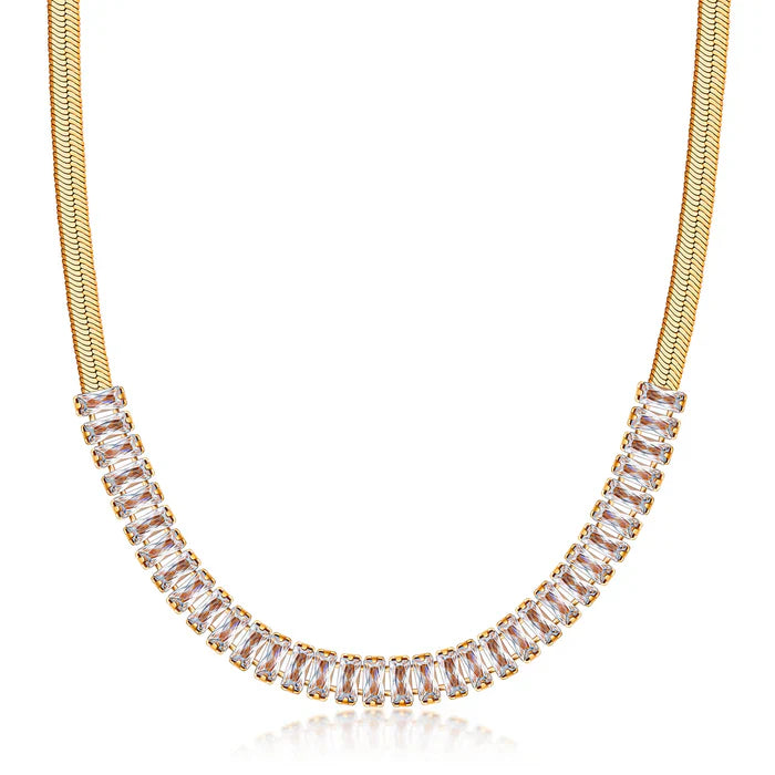 2-Pack Gold Jewelry Set – Baguette Herringbone Necklace & Stud Earrings
