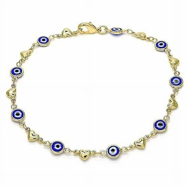 18K WOMEN'S GOLD Heart-BLUE EVIL EYE LOBSTER CLASP ANKLE BRACELET 10'' INCH