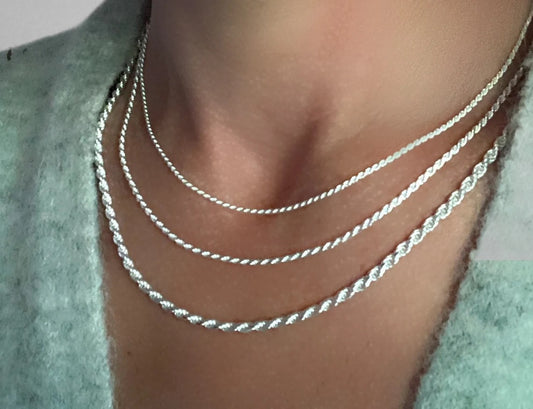 Italian 2mm Solid 925 Sterling Silver Diamond-Cut Rope Chain Necklace