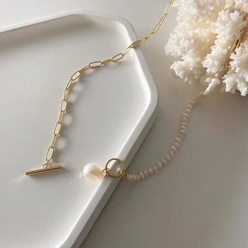 18k Gold Paperclip Freshwater Pearl Necklace