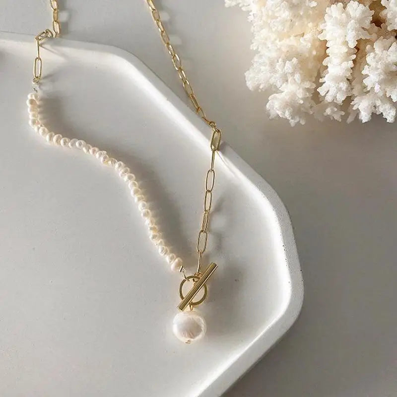 18k Gold Paperclip Freshwater Pearl Necklace