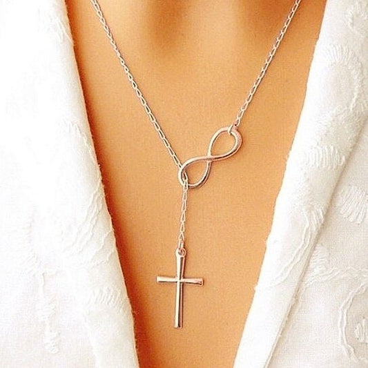 Infinity Drop Cross Lariat Necklace