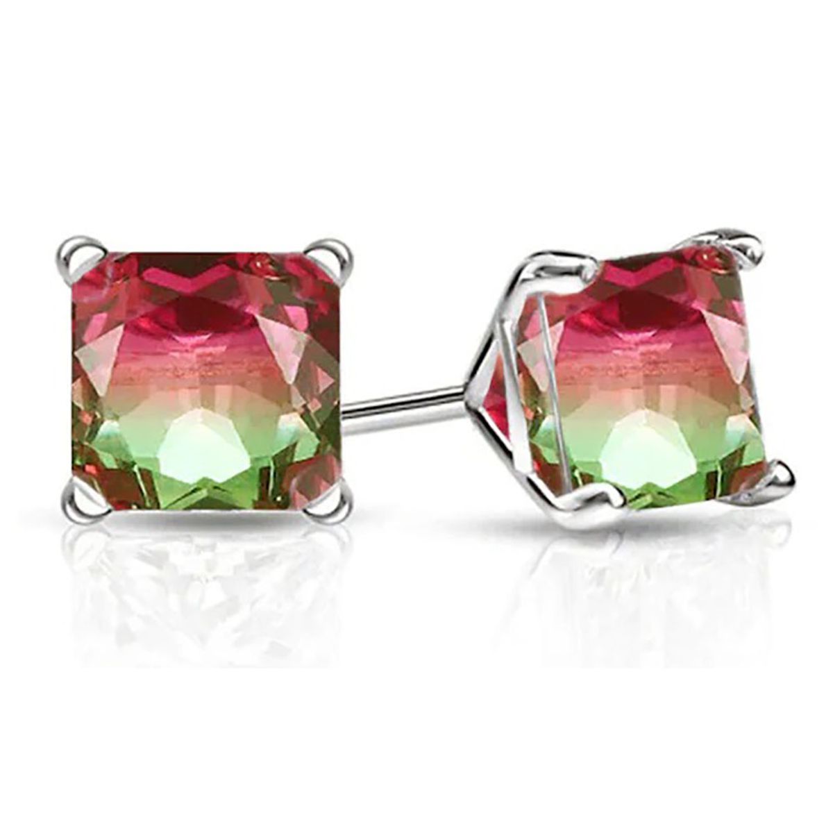 .925 Sterling Silver Watermelon Tourmaline Round-, Heart-, Princess-Cut Earrings