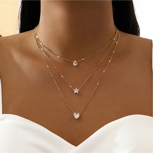 Crystal Drop Star Heart Layered Necklace