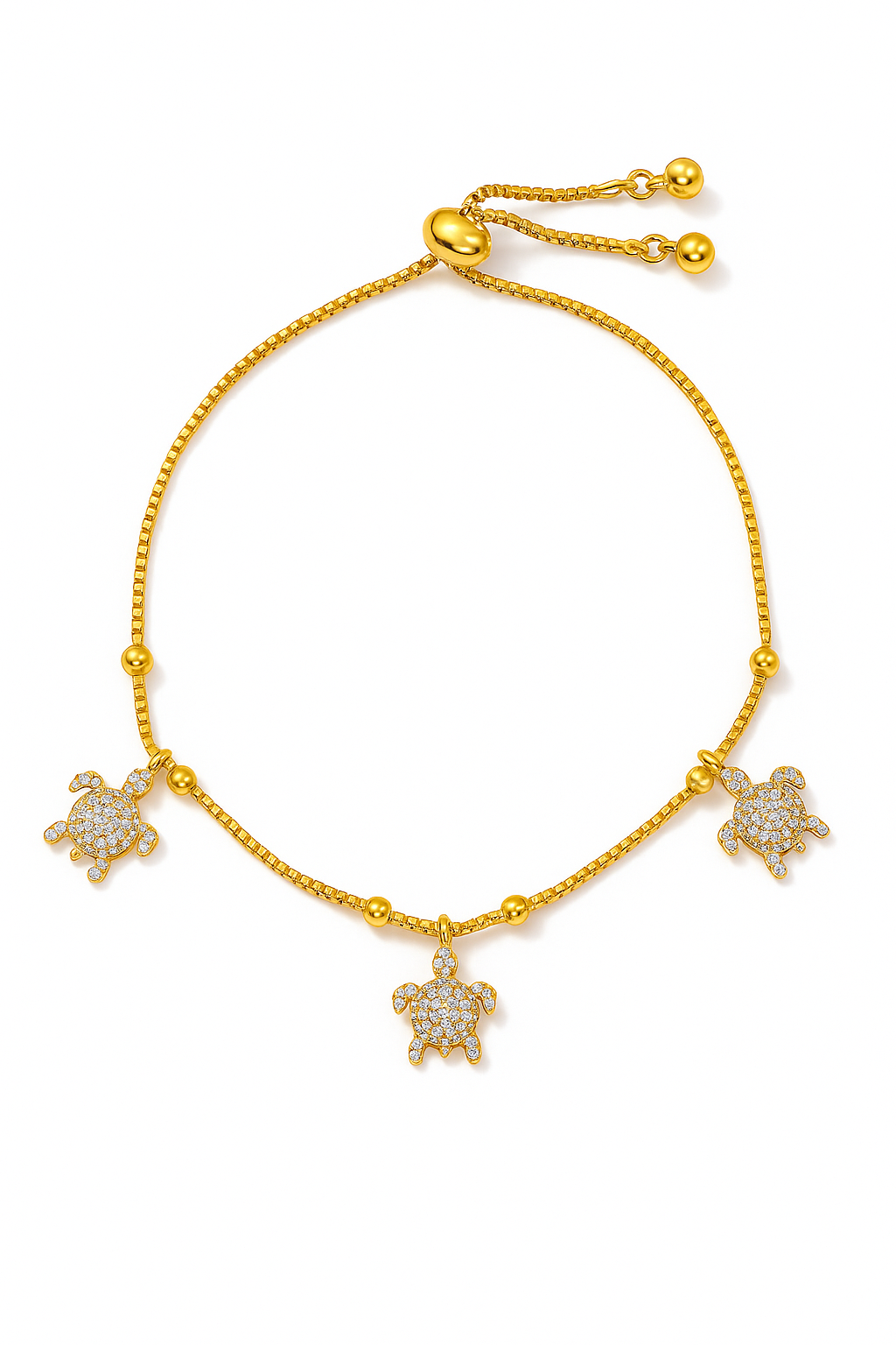 RMZ Gold Turtle Charm Bracelet – Adjustable Crystal Paved Bracelet for Women
