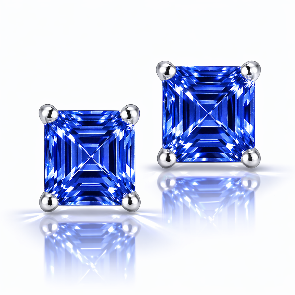 Princess Cut Tanzanite Stud Earrings in 925 Sterling Silver