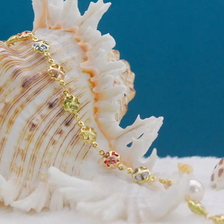 RMZ GOLD NYC 18K Gold Filled Puffy Flower Anklet – Multi-Color Crystal Accents, Dainty & Fun