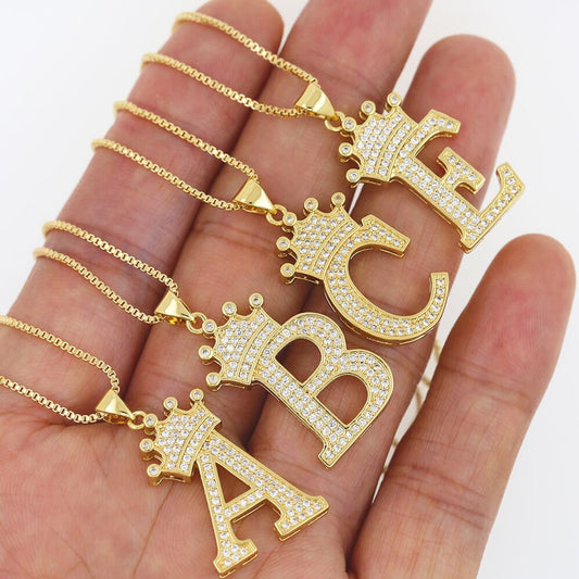 A-Z Alphabet Initial Crown Pendant Necklace