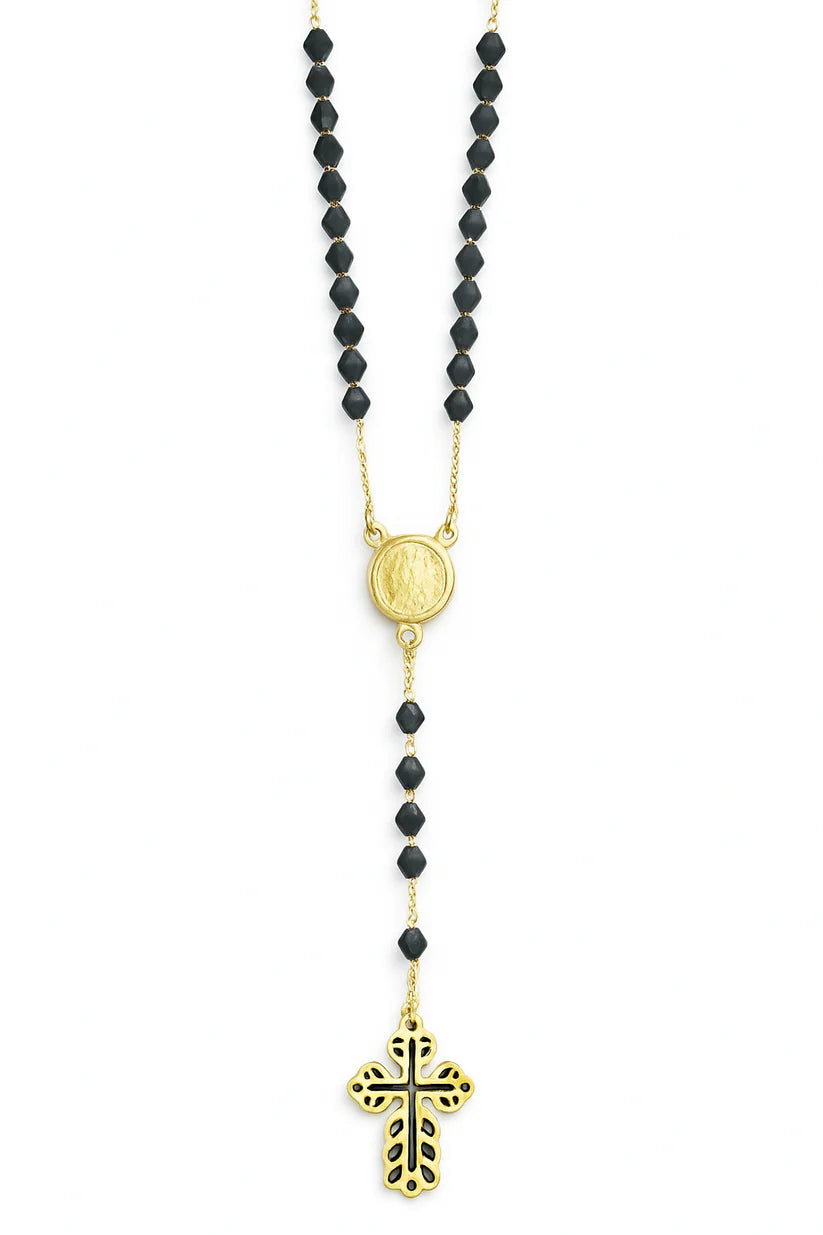 Unisex 14K Gold Virgin Mary Rosary Cross Necklace – Black, Multicolor & Gold Bead Options