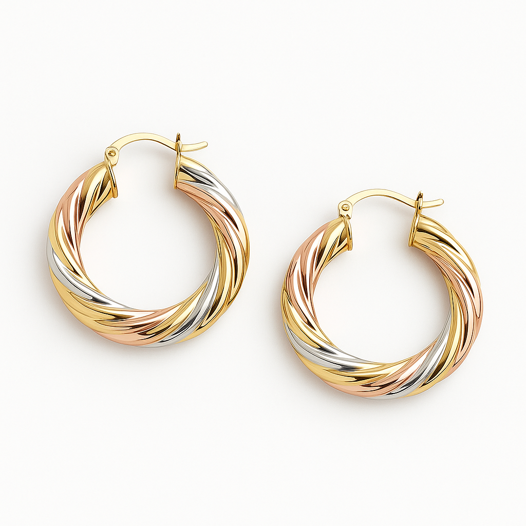 RMZ GOLD NYC 18K Gold Tri-Color Bamboo Hoop Earrings – 40mm