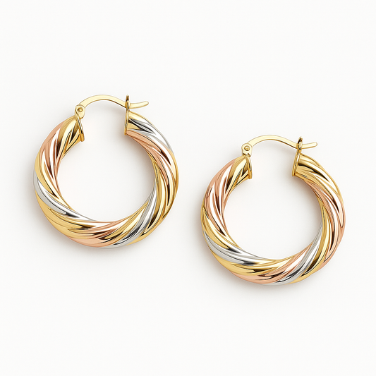 RMZ GOLD NYC 18K Gold Tri-Color Bamboo Hoop Earrings – 40mm