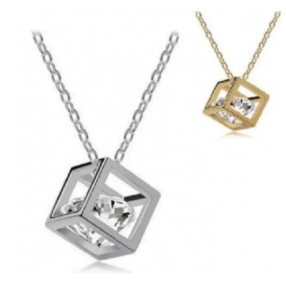 14K-Gold Love Cube Three-dimensional Diamond Shape Necklace Cz Pendant