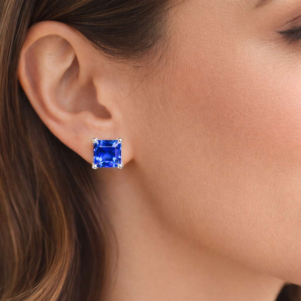 Princess Cut Tanzanite Stud Earrings in 925 Sterling Silver