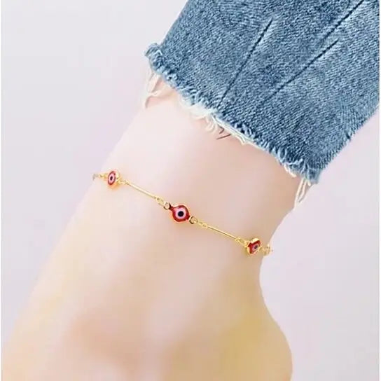 RMZ GOLD NYC 18K GOLD PLATED BAR STYLE RED EVIL EYE CRYSTAL ANKLET