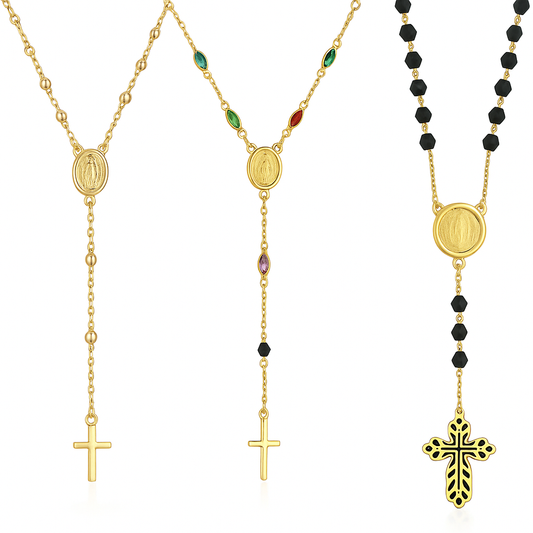 Unisex 14K Gold Virgin Mary Rosary Cross Necklace – Black, Multicolor & Gold Bead Options