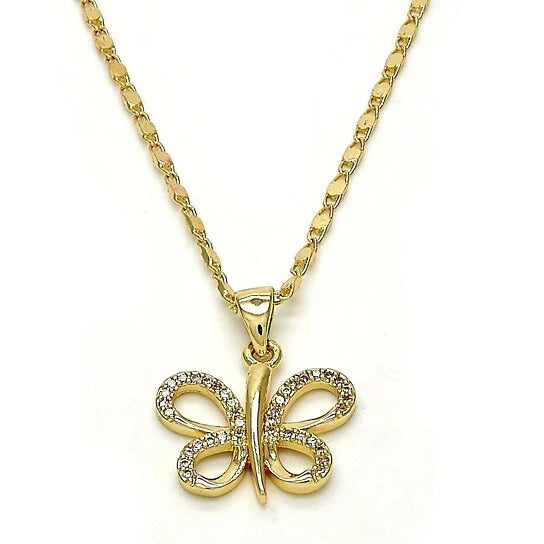 GOLD FILLED FANCY NECKLACE, BUTTERFLY DESIGN, WITH WHITE MICRO PAVE, POLISHED FINISH, GOLDEN TONE