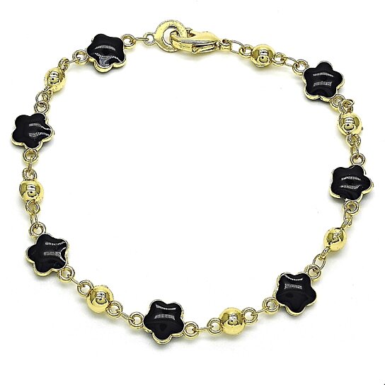 14K Gold High Polish Finish Black Enamel Flower Bracelet 8 Inches Women Teens